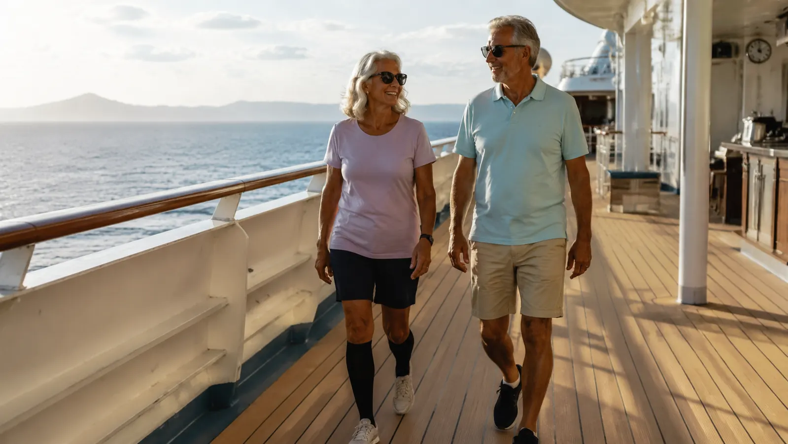 Woman and husband walking on the deck of a cruise ship, ocean in background, legs visible showing compression socks