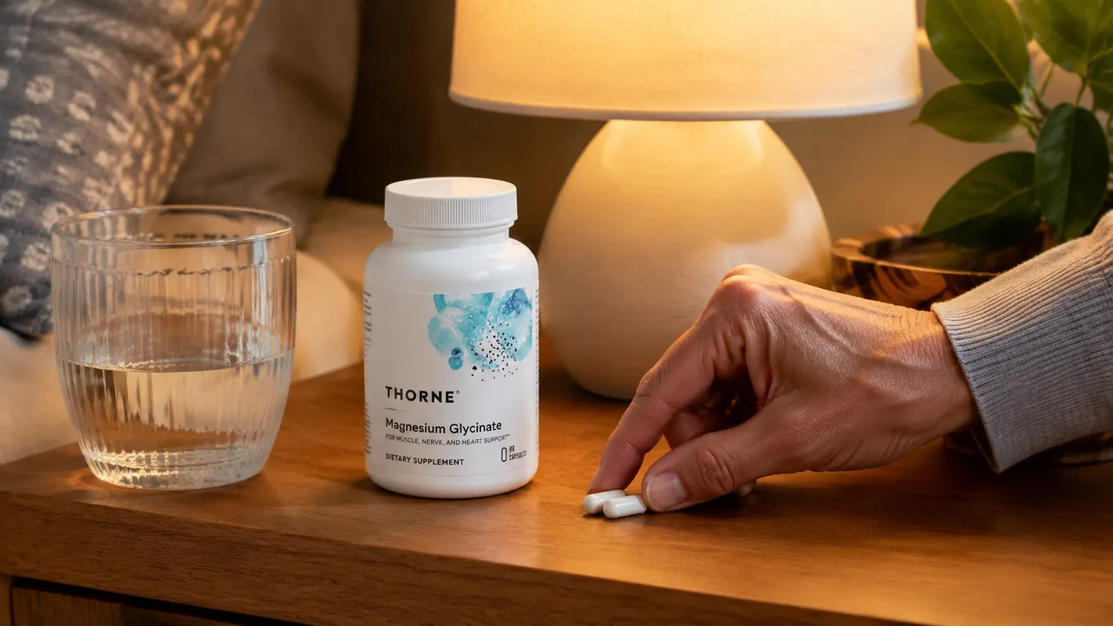 A hand places two magnesium capsules next to a glass of water on a wooden nightstand beside a lamp