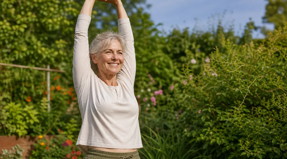 An older woman stretches her arms overhead in a bright garden in the morning, looking energetic