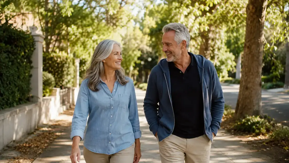 A woman and her husband walk a tree-lined path in the afternoon, both relaxed and in good spirits