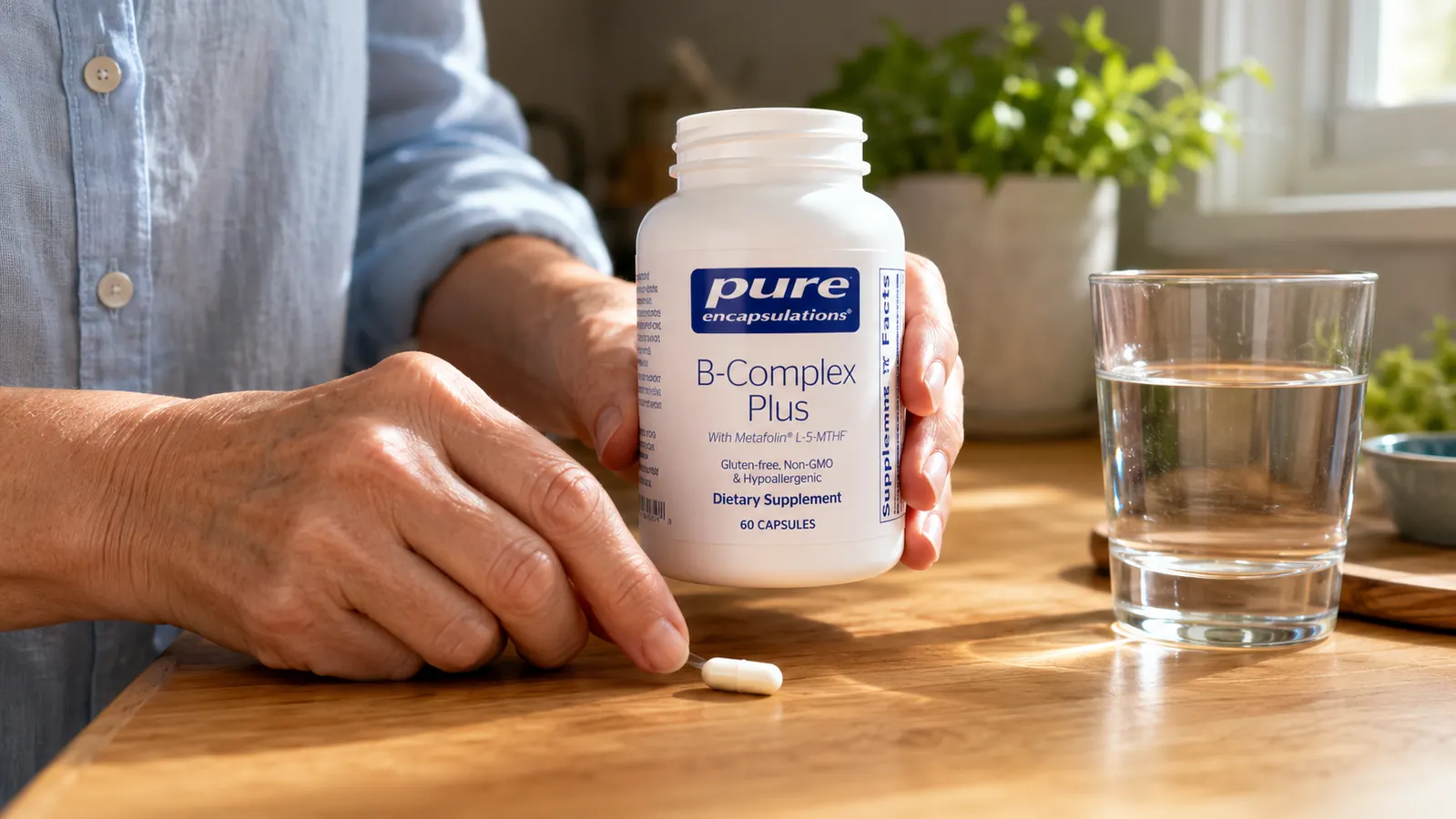 Close-up of a hand opening a bottle of Pure Encapsulations B-Complex Plus capsules on a kitchen counter next to a glass of water