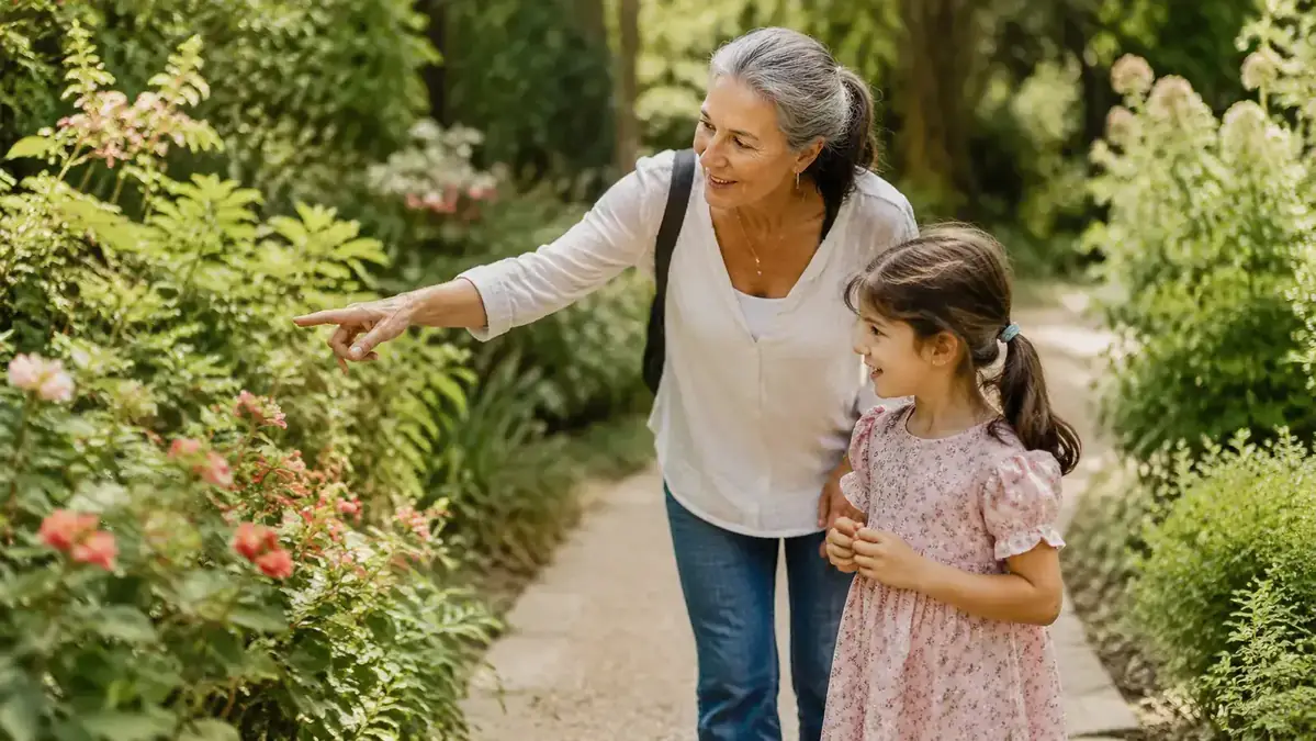 Woman and a grandchild walking through a garden pathway together, both smiling, afternoon sun