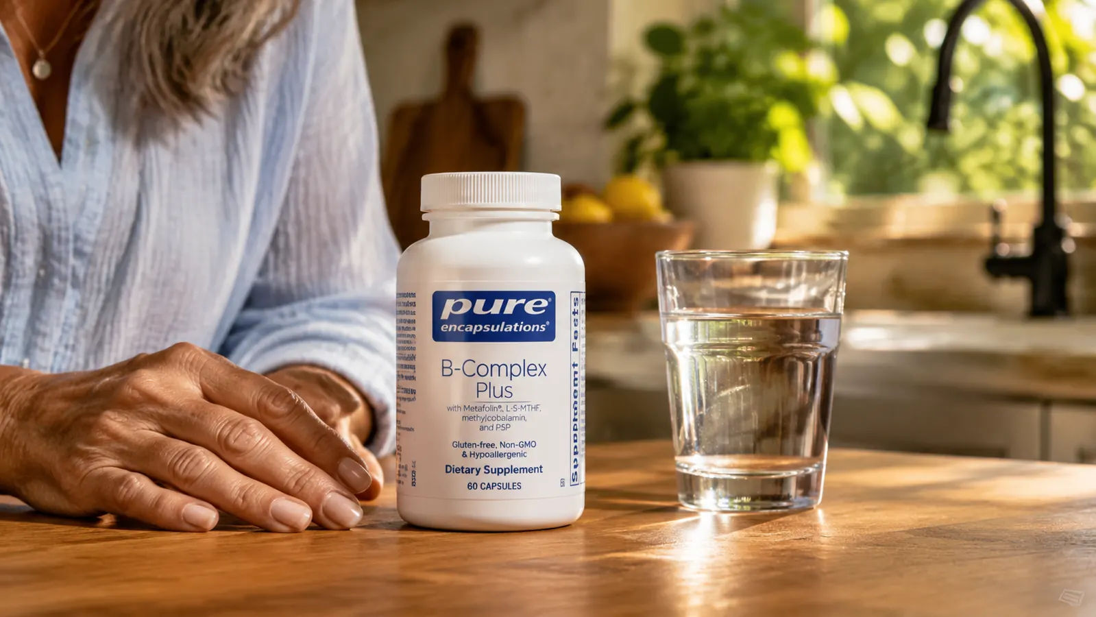 Close-up of a white supplement bottle labeled Pure Encapsulations B-Complex Plus next to a glass of water on a wood-grain kitchen counter