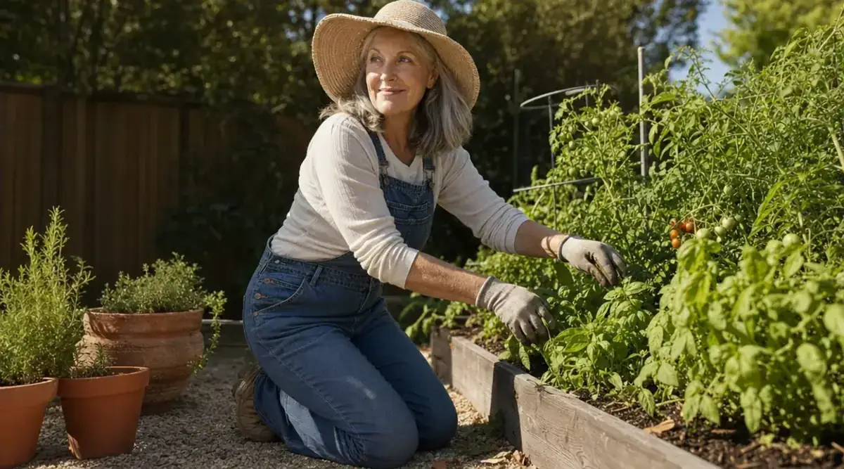 Woman tending a raised-bed vegetable garden on a sunny afternoon, kneeling beside tomato plants, looking healthy and engaged