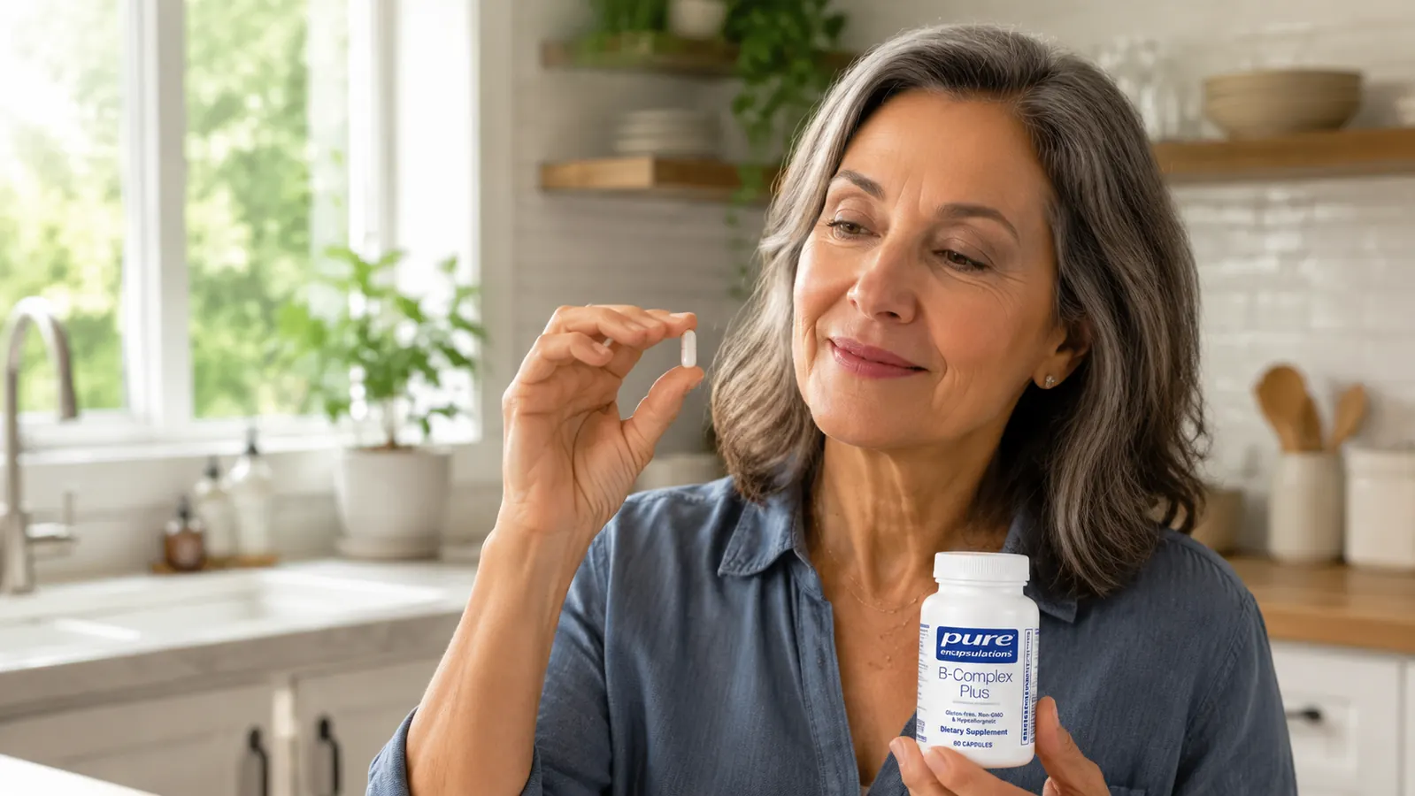 Woman in her early sixties holding a B-Complex capsule between her fingers, examining it in natural light