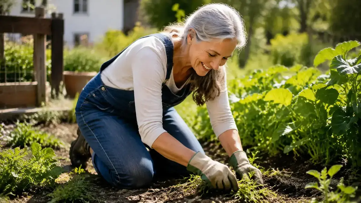 Older woman gardening outdoors in the late morning, energetic and focused, sunlight on her face