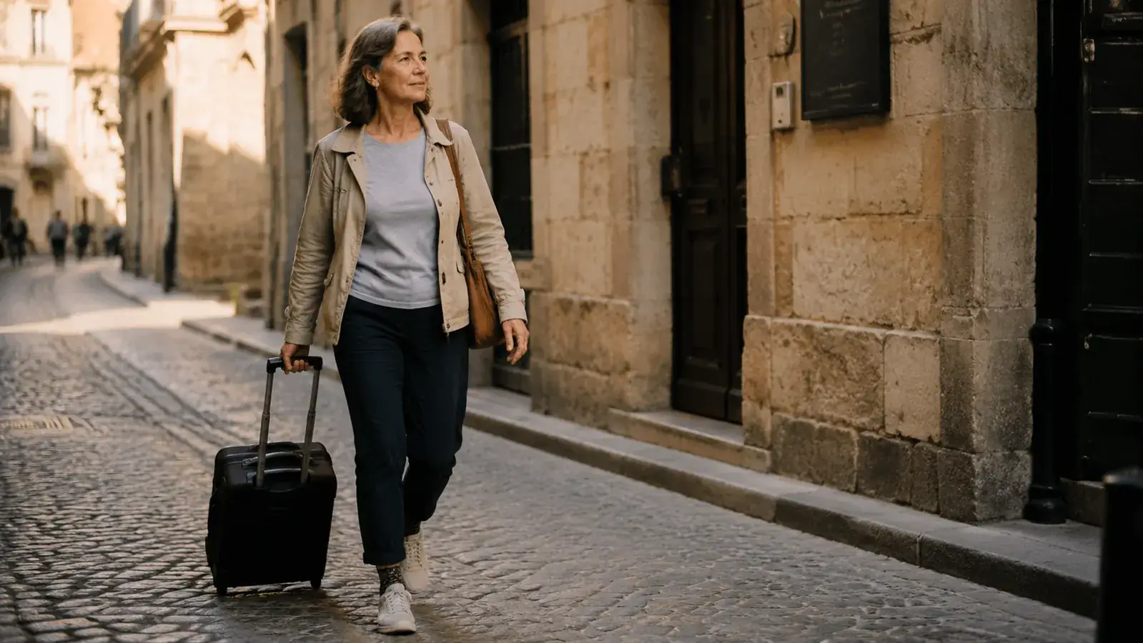 Woman walking confidently through a European city street after landing, wearing compression socks visible below cropped pants