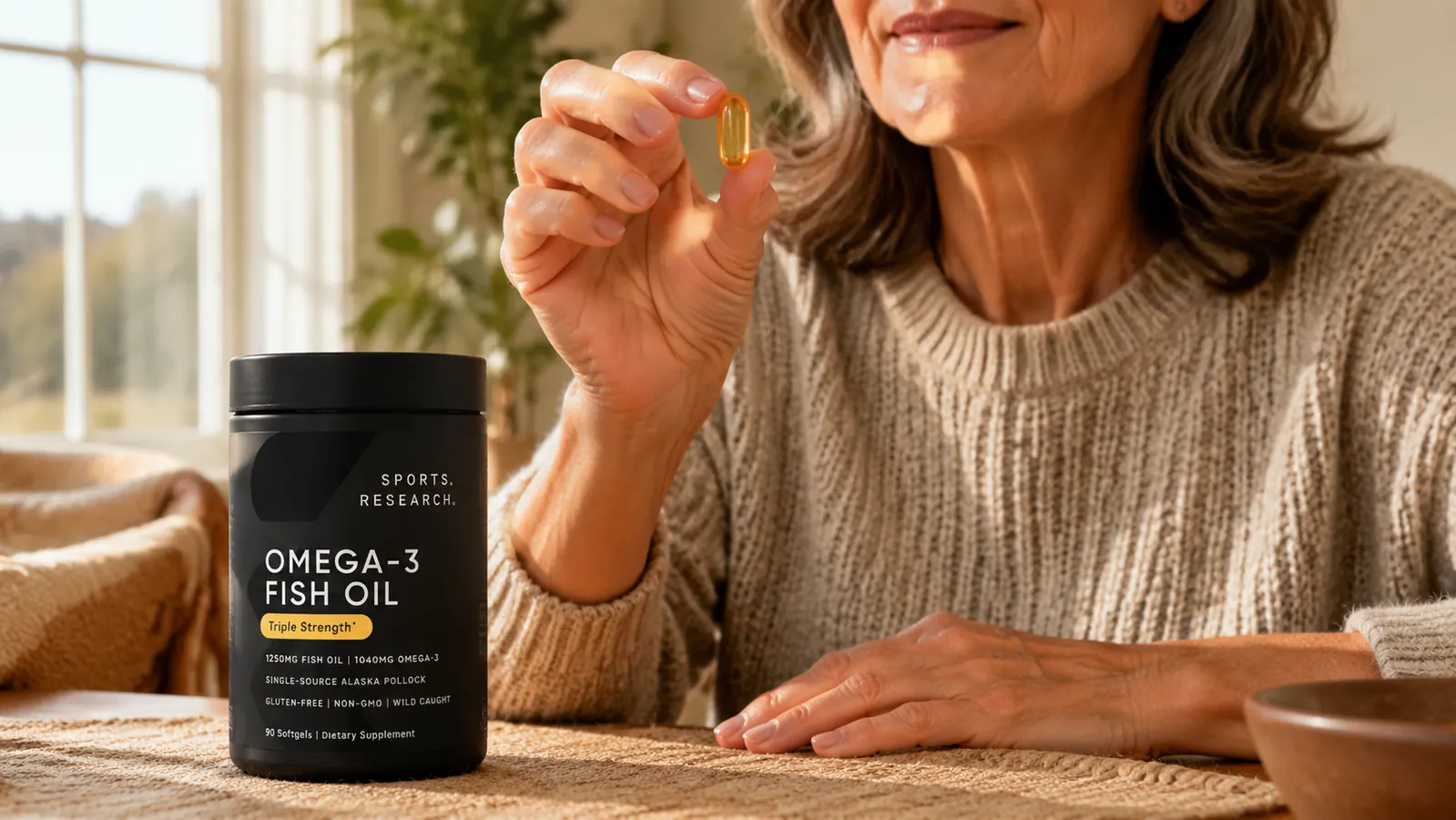 Hand holding a Sports Research Omega-3 softgel capsule up to natural window light