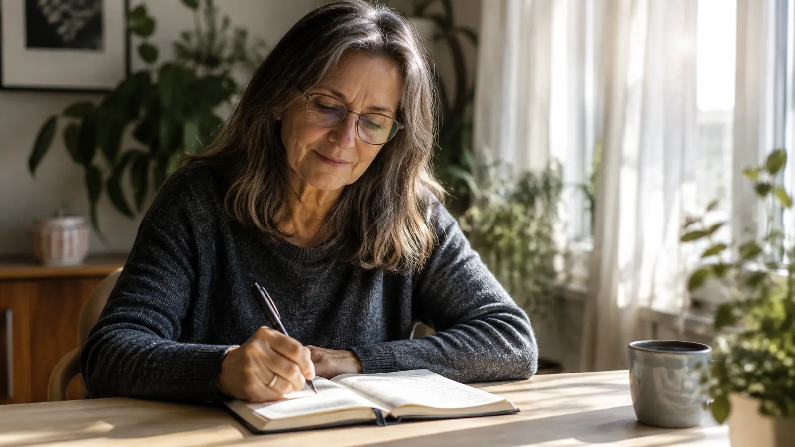 Woman writing in a journal at a desk, focused and engaged, morning light coming through curtains