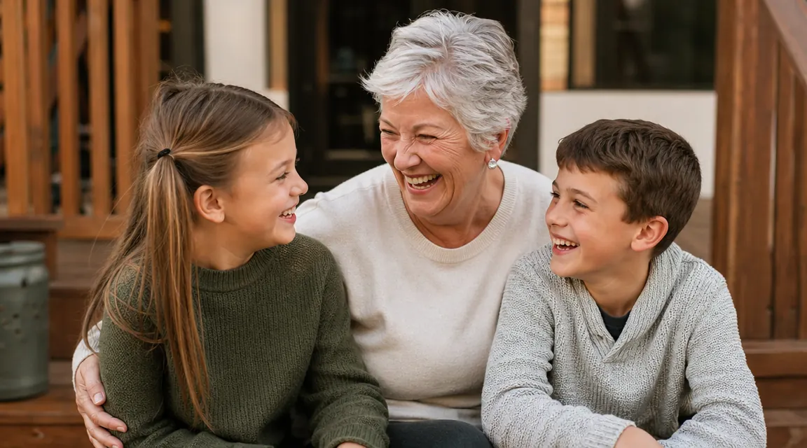 Grandmother and two grandchildren laughing on a back porch in afternoon light
