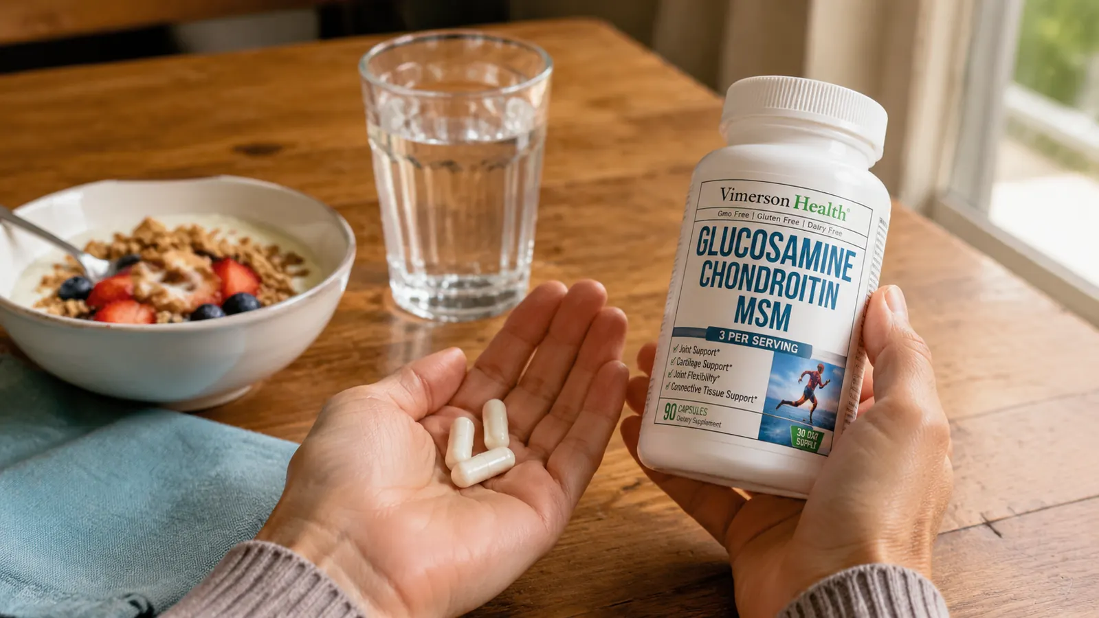 Close-up of a hand holding three large white capsules over a wooden breakfast table with a glass of water and a bowl of oatmeal nearby