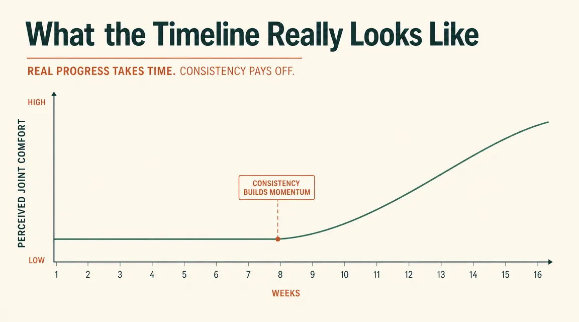 Simple hand-drawn style chart showing a flat line from weeks 1 through 8 then a gradual upward curve from weeks 8 through 12, labeled Joint Comfort Over Time