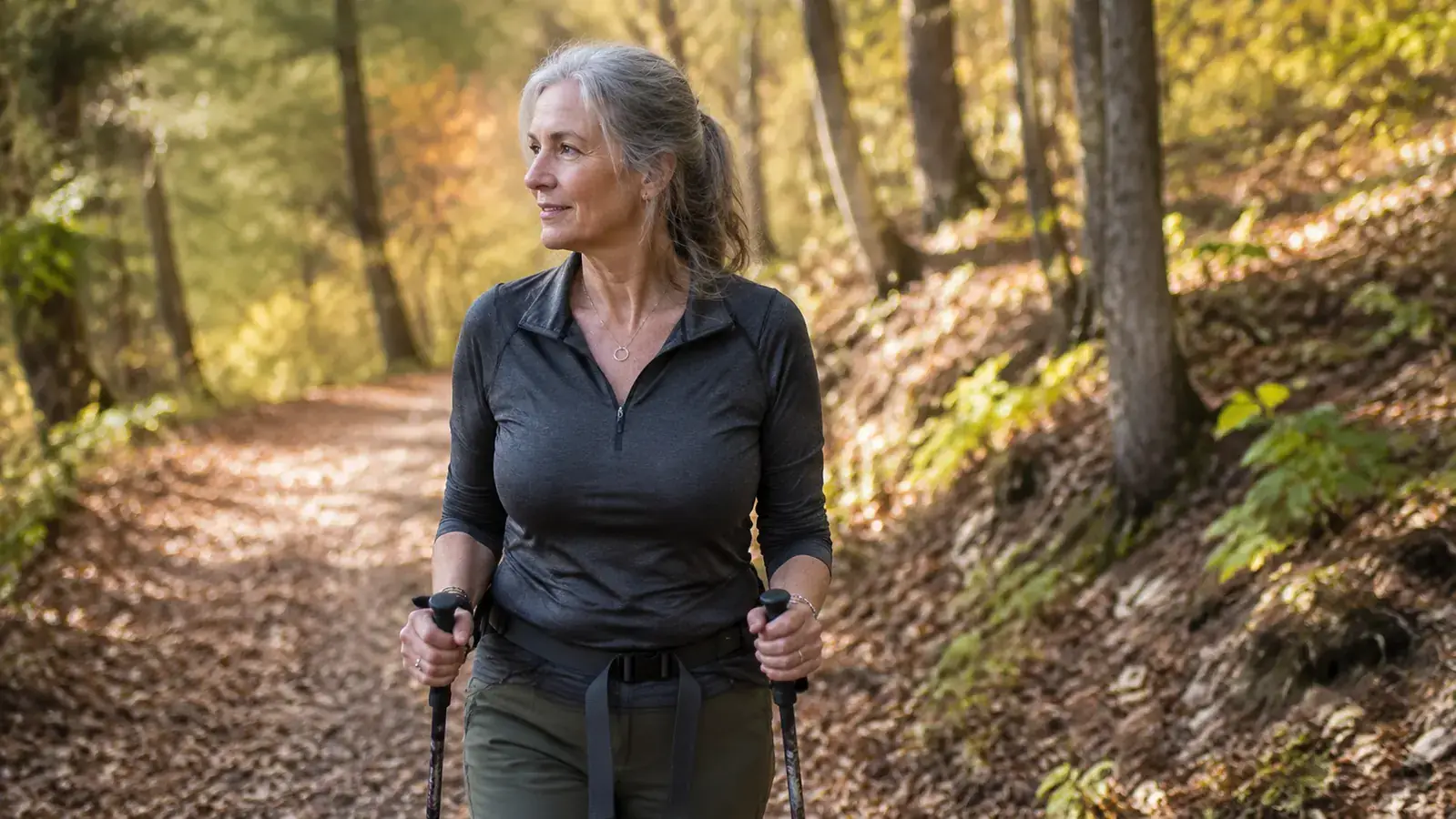 Older woman walking a tree-lined trail with trekking poles, relaxed posture, mid-step, autumn leaves on the ground