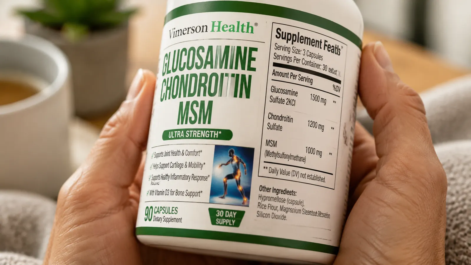 Nutrition label close-up showing glucosamine sulfate 1500mg, chondroitin 1200mg, MSM 1000mg per serving, slightly blurred edges for editorial effect