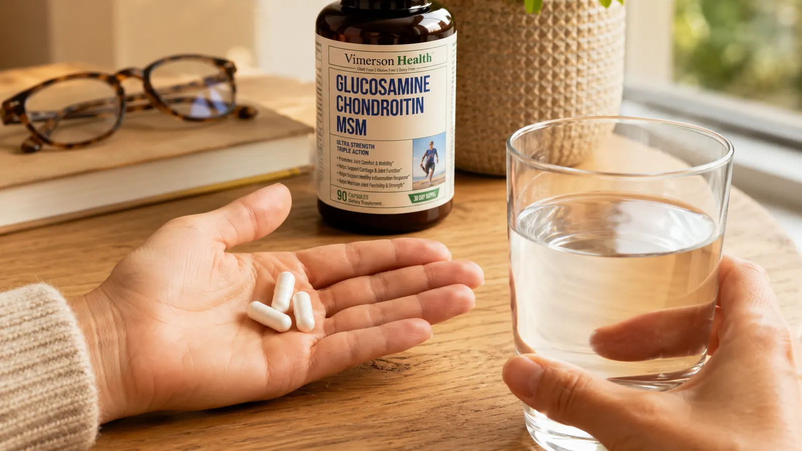 Hand holding three white capsules next to a glass of water on a wood kitchen counter with morning light