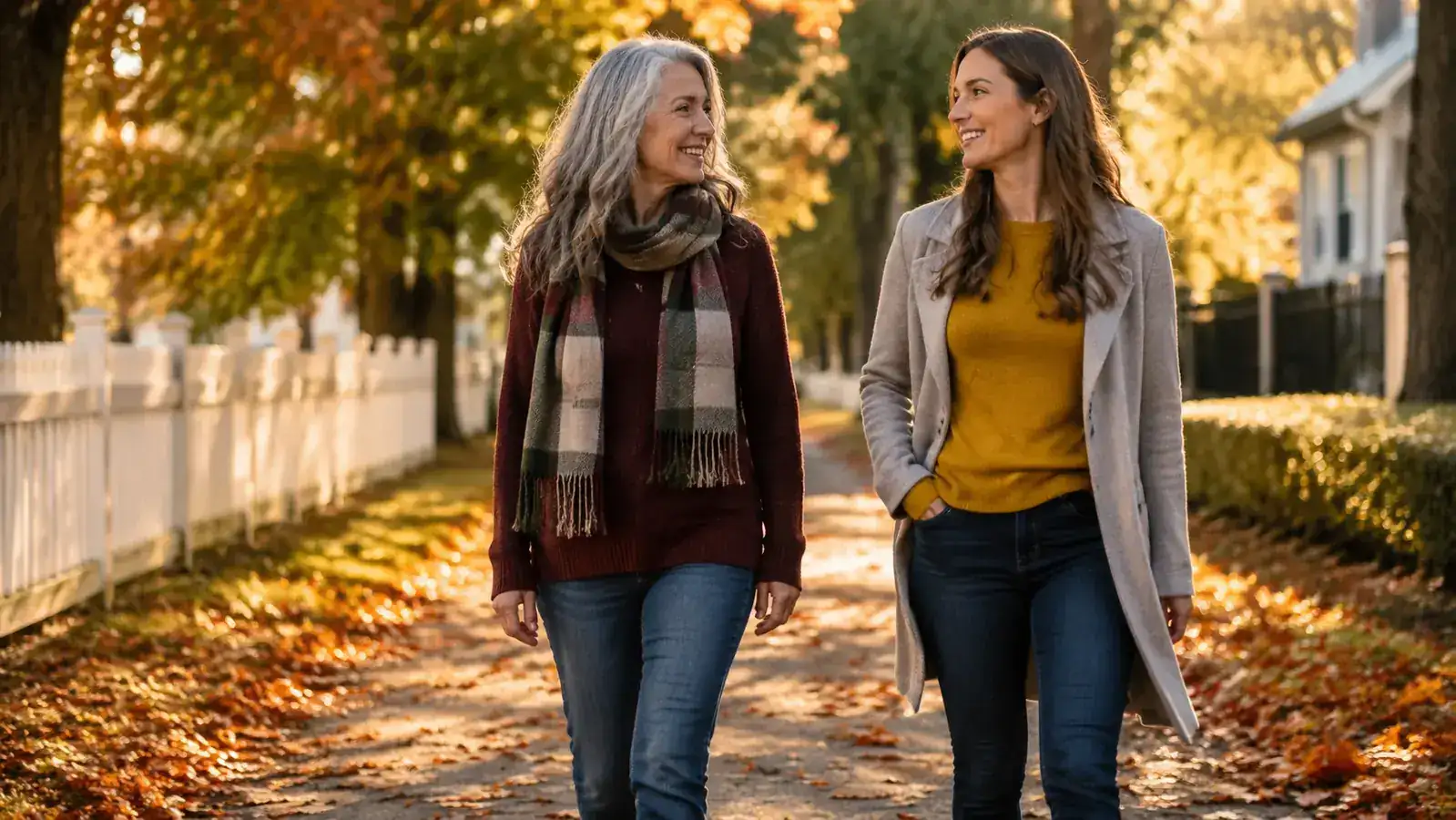 Older woman and adult daughter walking side by side on a tree-lined neighborhood path in autumn, laughing together