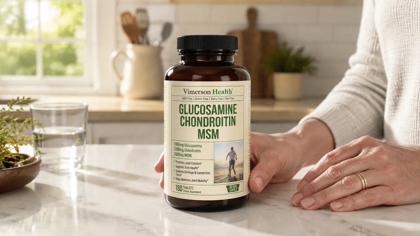 Close-up of supplement bottle label showing glucosamine sulfate 1500mg, chondroitin, and MSM ingredient panel