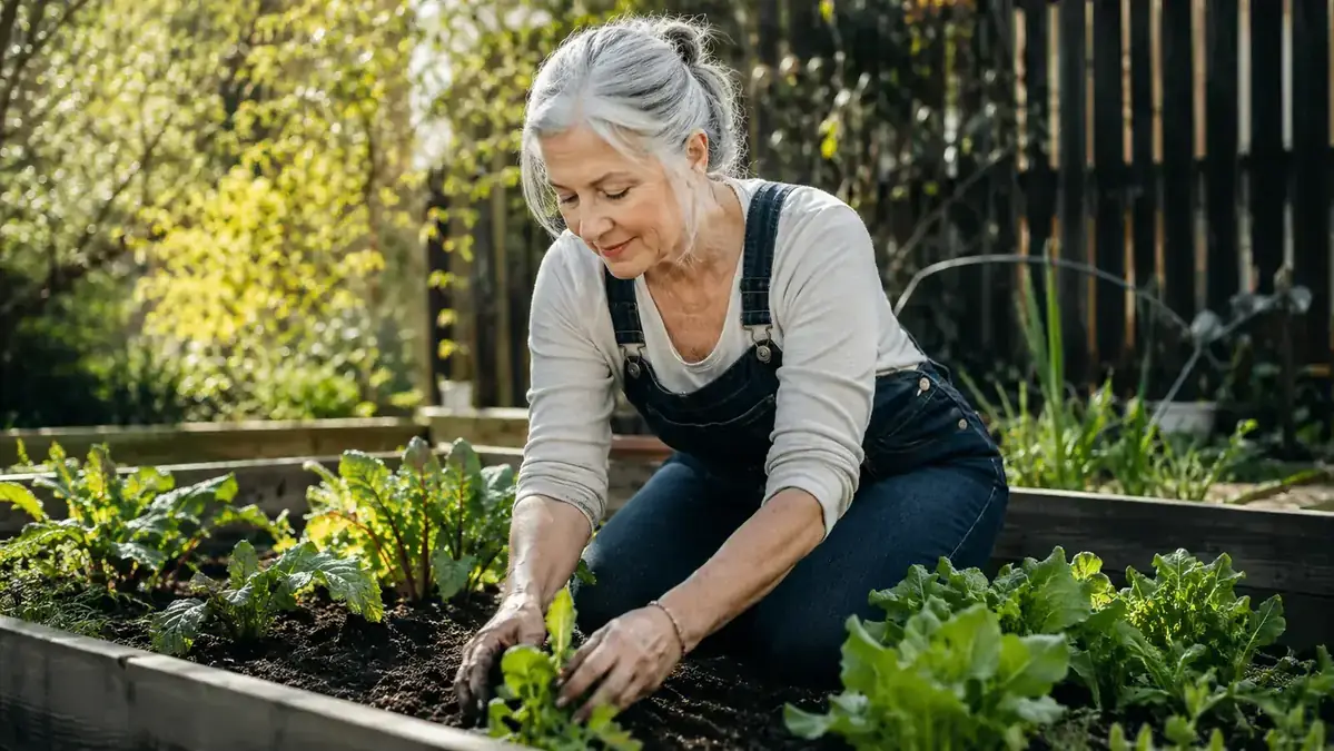 Active woman in her early sixties kneeling in a garden bed, pulling weeds with comfortable ease, bright sunny morning