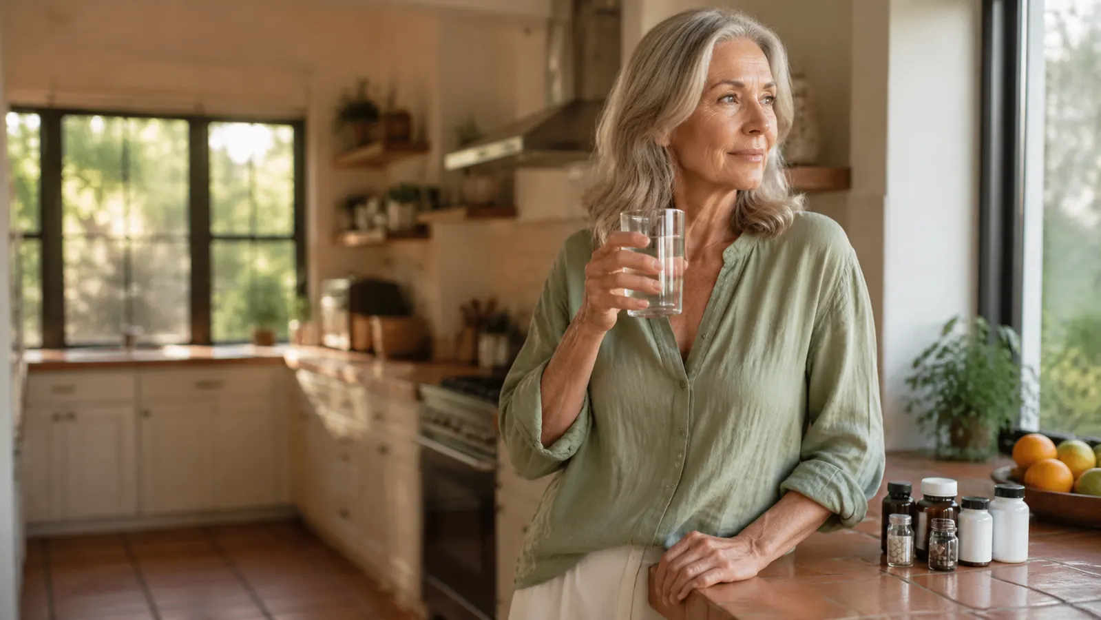 A woman in her fifties at a sunlit kitchen window with coffee and a journal, calm morning light