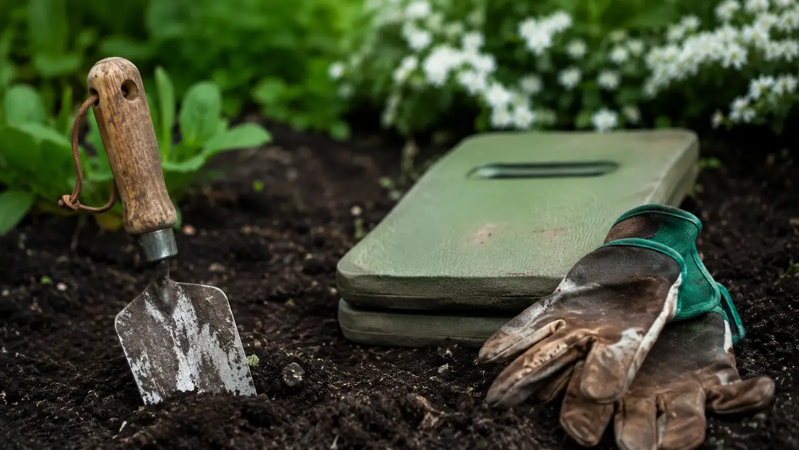 Garden trowel resting in dark soil beside kneeling pads and a pair of worn gardening gloves