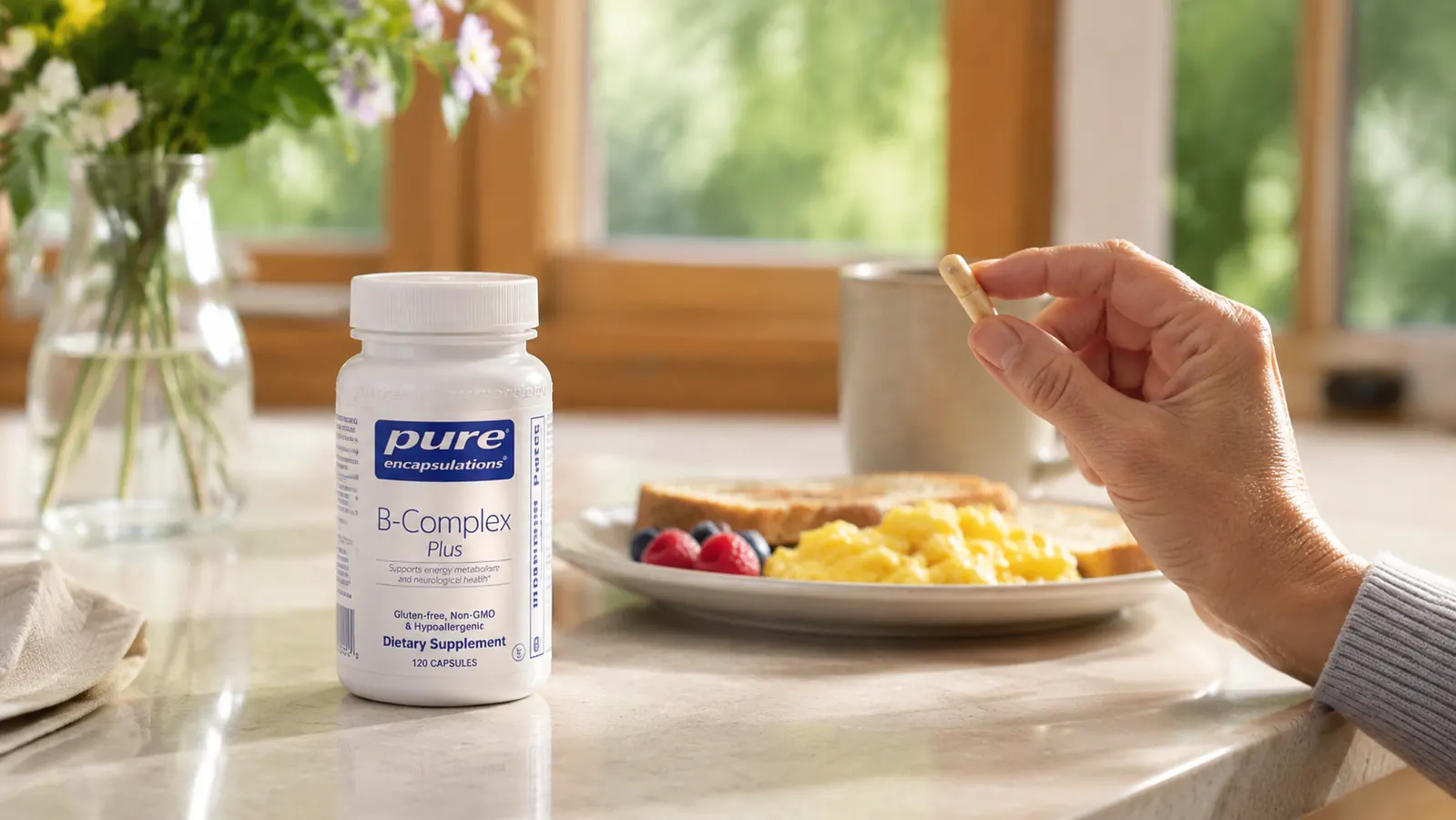 Hand placing a single B-complex capsule next to a plate of scrambled eggs and whole grain toast on a light wood table