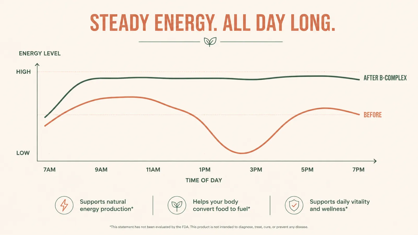 Simple line chart showing energy levels across the day, with a notable dip at 2pm on the left side and a smoother flatter curve on the right side labeled after B-complex routine