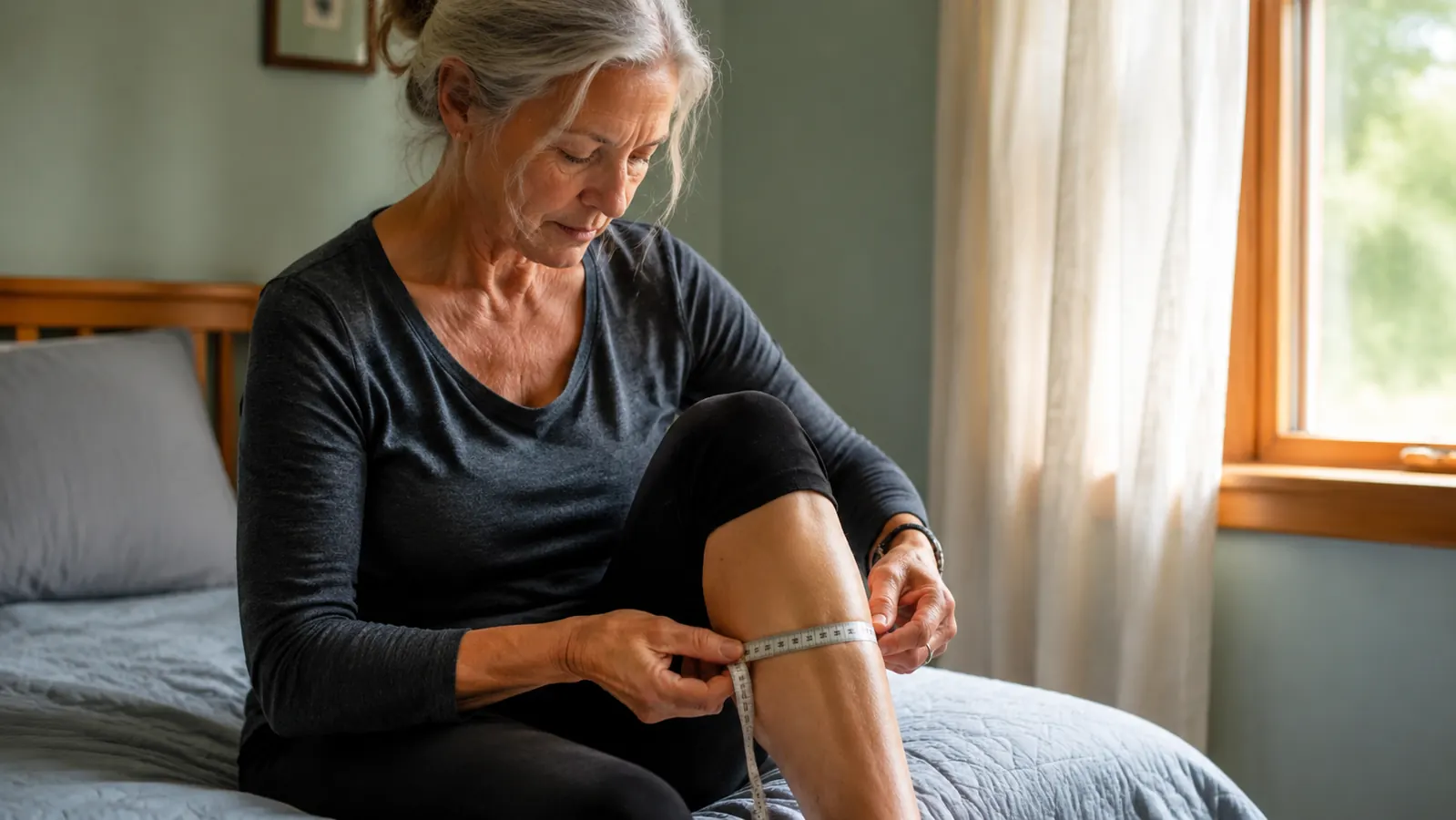 Woman measuring her calf circumference with a soft tape measure to size compression socks correctly