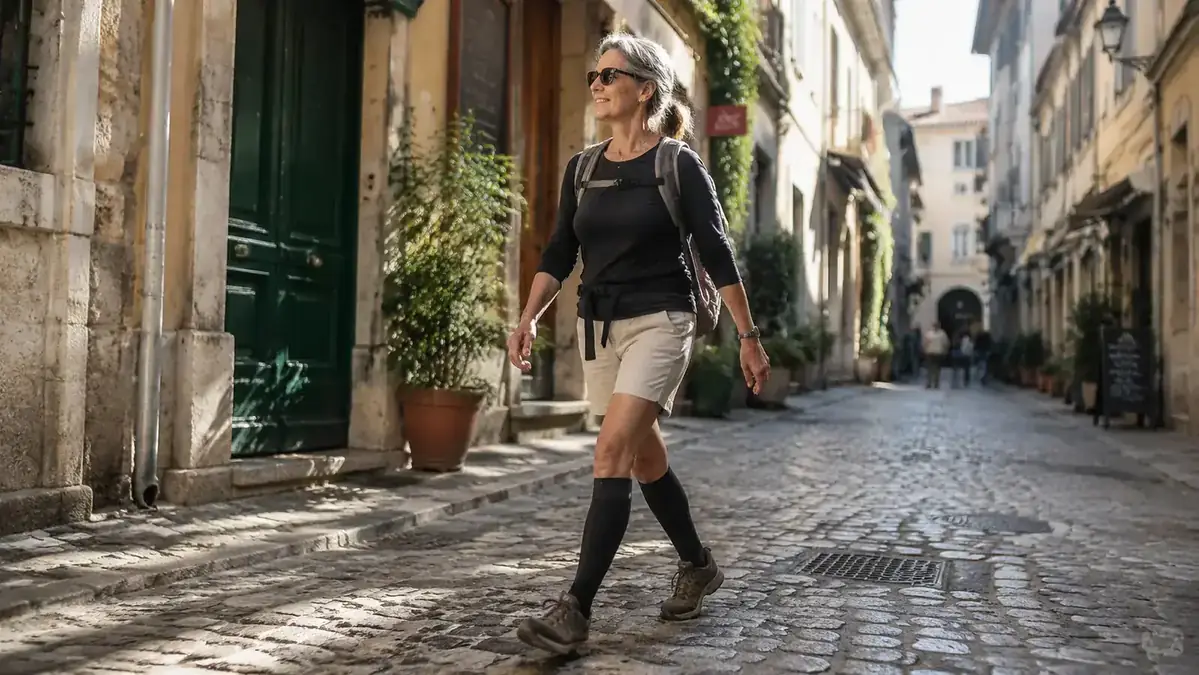 Active older woman walking a cobblestone street in Europe on a travel day, wearing compression socks visible above walking shoes