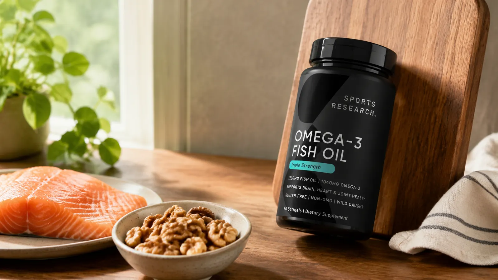 Close-up of Sports Research Omega-3 fish oil bottle on a wooden cutting board beside a salmon fillet and walnuts