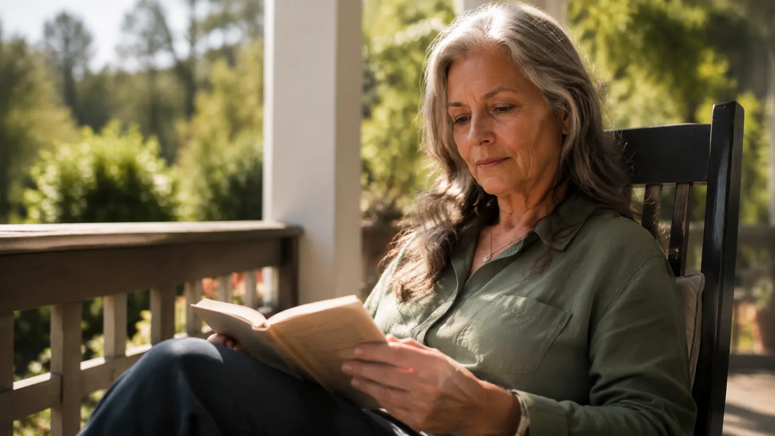 Woman reading on a sunlit porch, looking relaxed and focused with a cup of tea beside her