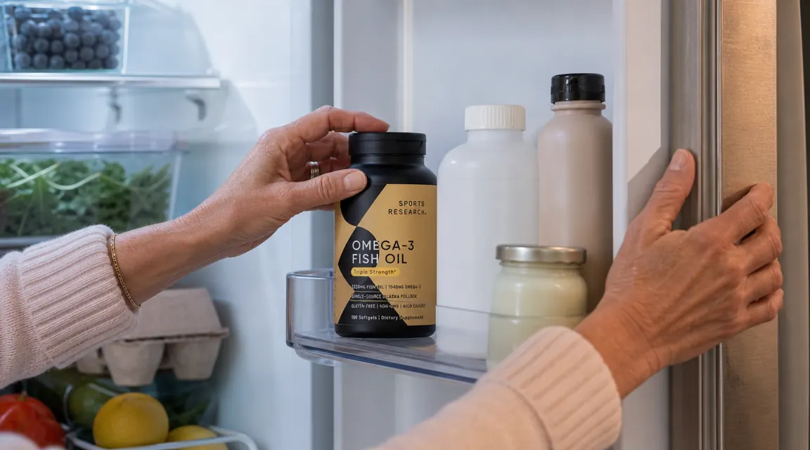 Fish oil softgel bottle standing upright inside an open refrigerator door shelf