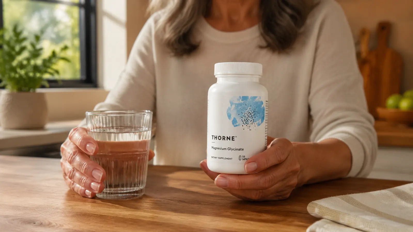Hand holding a Thorne Magnesium Glycinate bottle with a glass of water on a kitchen counter at evening