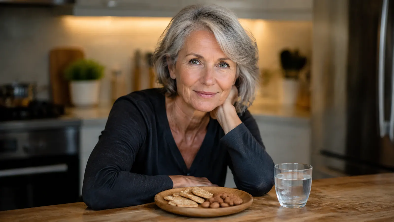 A light evening snack of whole grain crackers and a small handful of almonds beside a glass of water