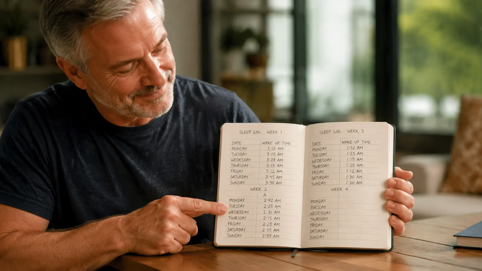 A simple sleep quality journal open to a page showing nightly wake times decreasing over six weeks, with a pencil resting on the page