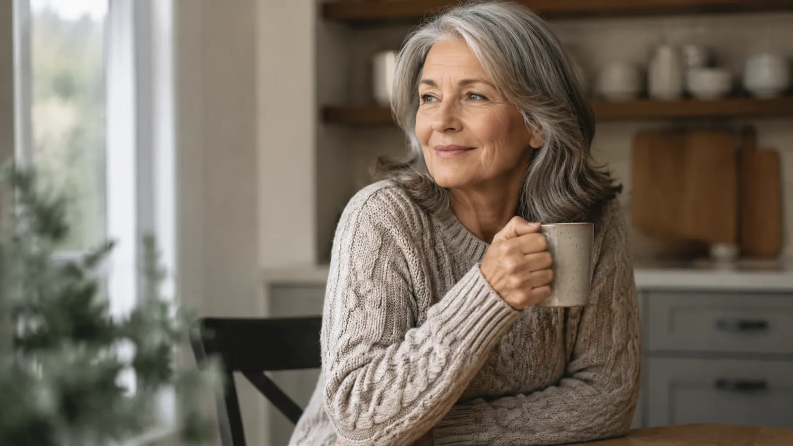 Woman in her early sixties sitting at a kitchen table with morning coffee, relaxed and alert, sunlight through a window