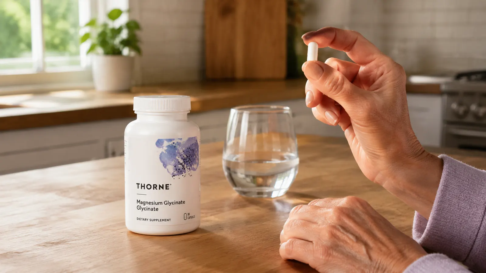 Close-up of a hand holding a Thorne Magnesium Glycinate capsule between thumb and forefinger, with a glass of water in the background on a kitchen counter