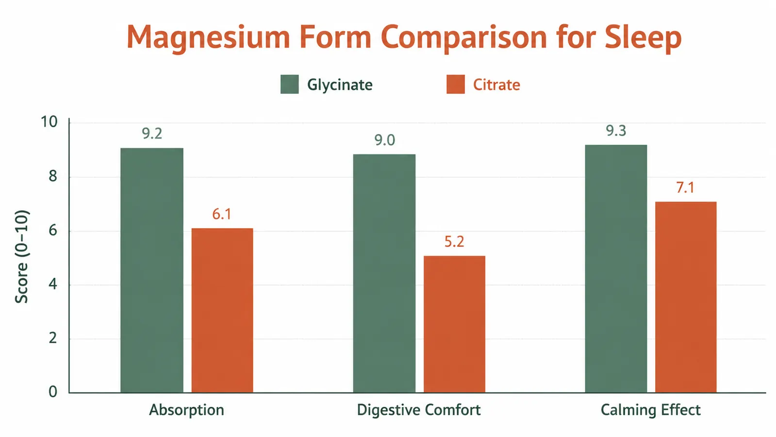 Simple bar chart comparing magnesium glycinate and magnesium citrate across absorption, digestive comfort, and calming effect, sage green and terracotta color bars on white background