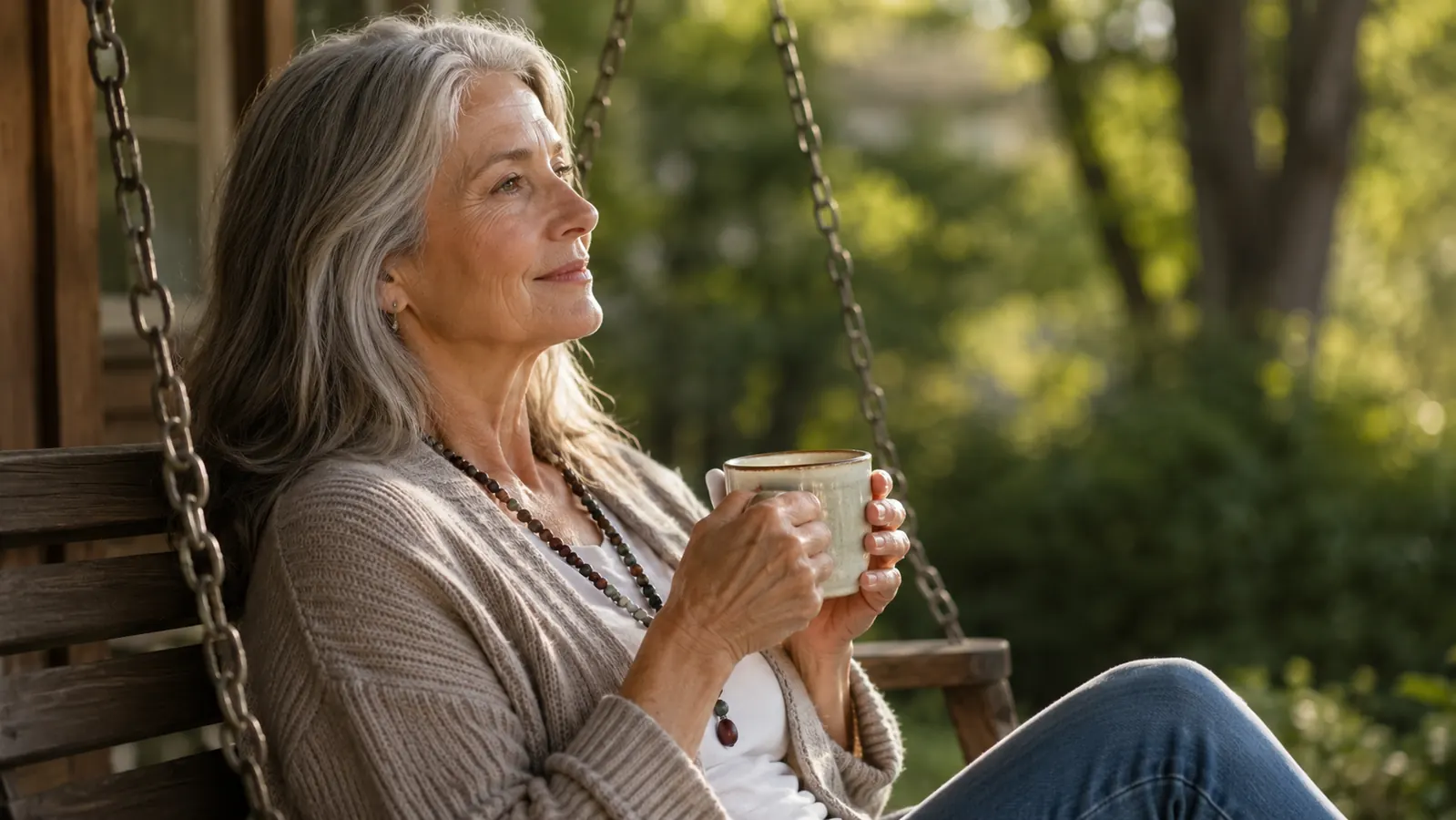 Woman in her early sixties sitting on a porch swing with a ceramic mug of tea, looking relaxed and well rested in soft morning sunlight
