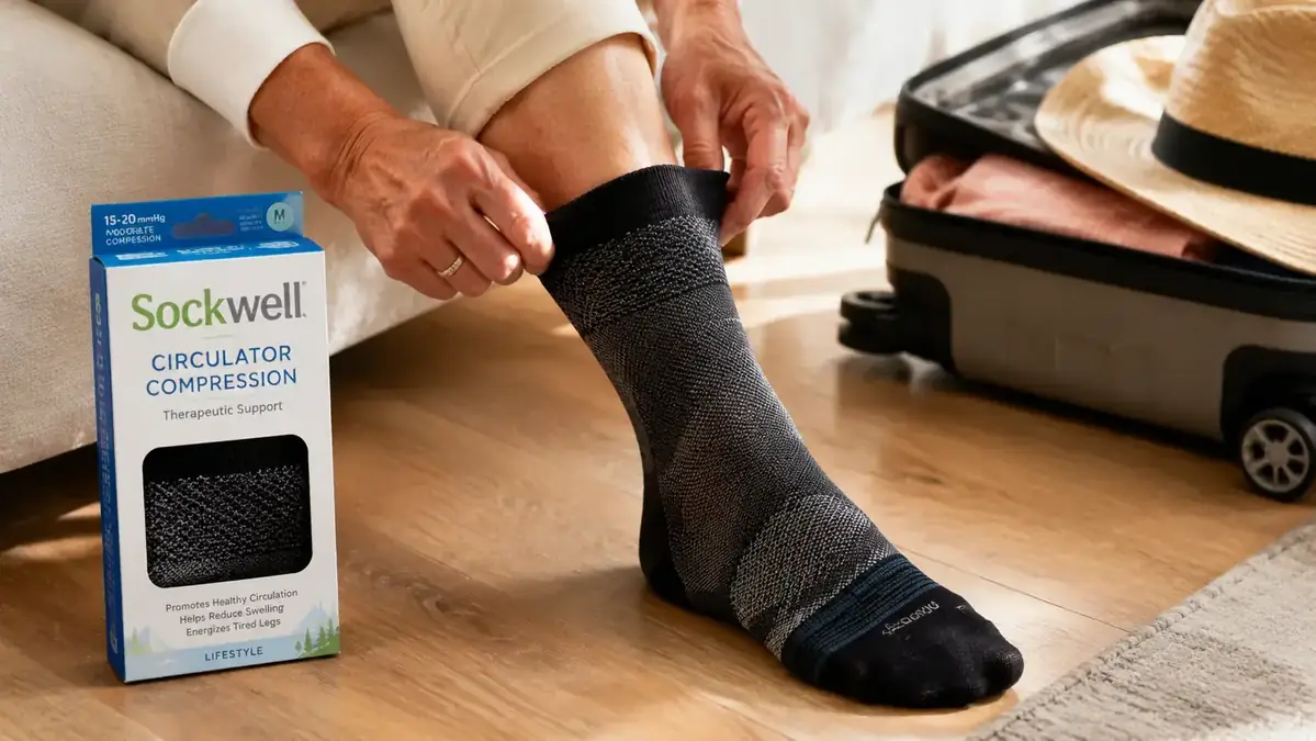 Close-up of hands pulling on a merino wool compression sock before a flight