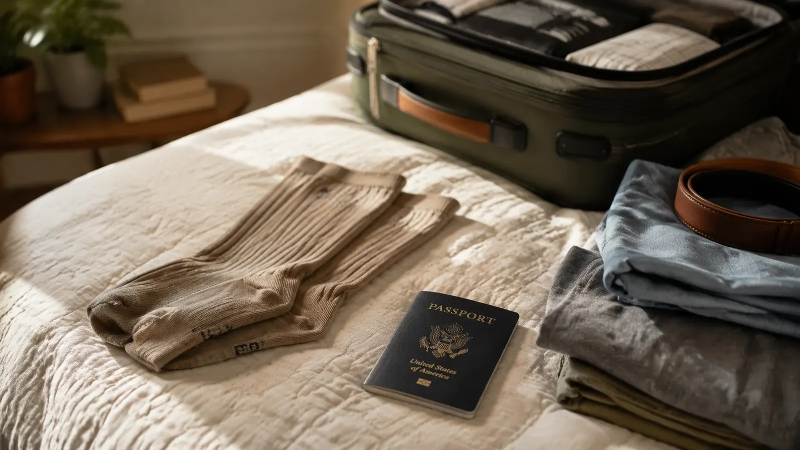 Compression socks laid flat next to a passport and small travel bag on a bed, packing for a trip