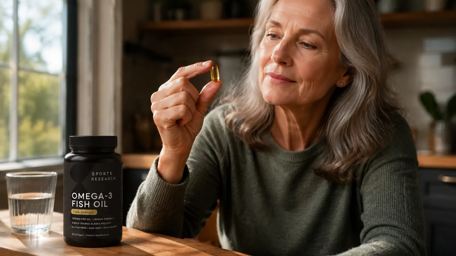 Woman in her early sixties holding a Sports Research omega-3 softgel between two fingers, examined closely in good light