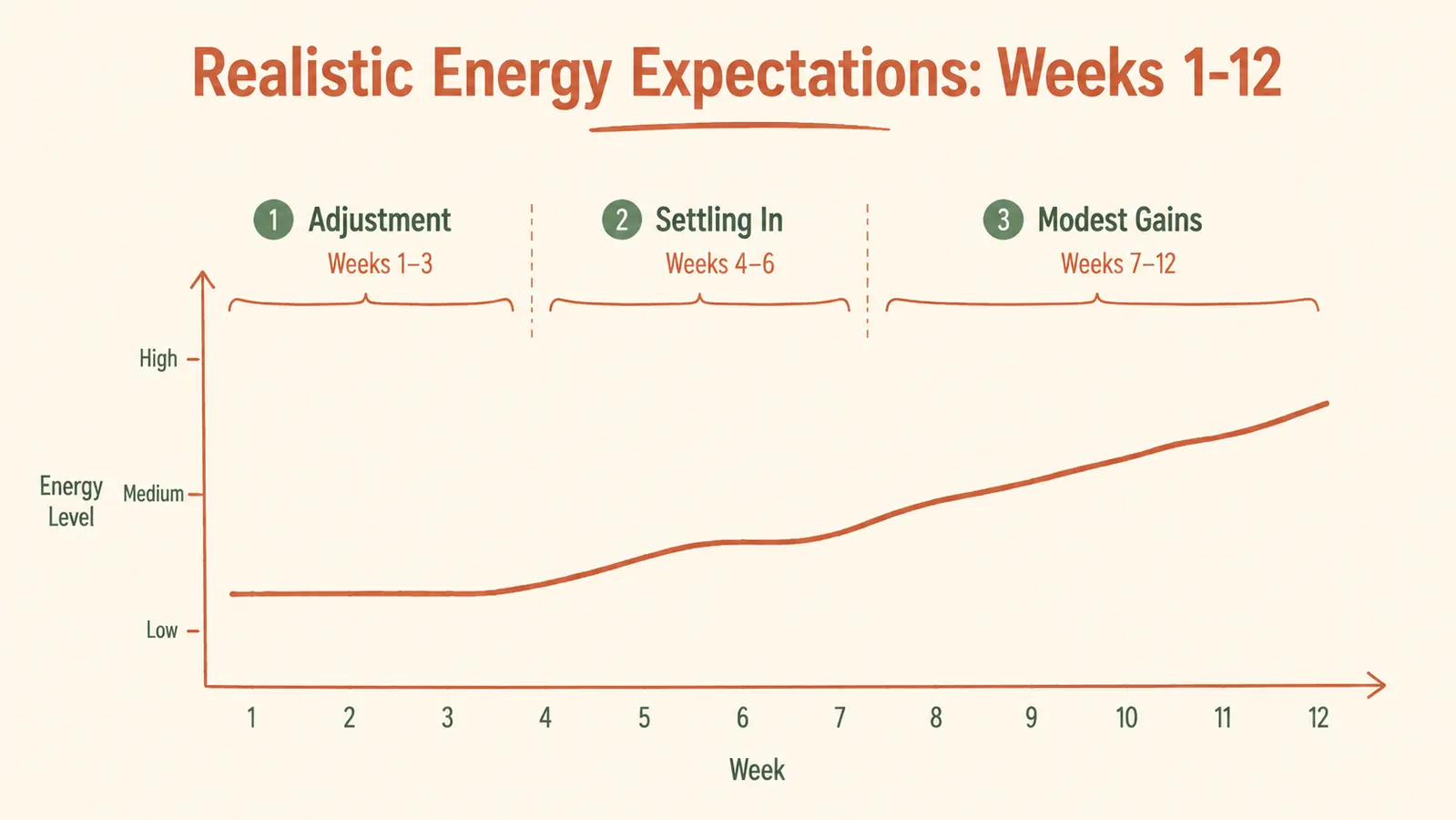 Simple hand-drawn style chart showing realistic energy level expectations over a 12-week period: flat for weeks 1-3, slight uptick weeks 4-6, modest improvement weeks 7-12