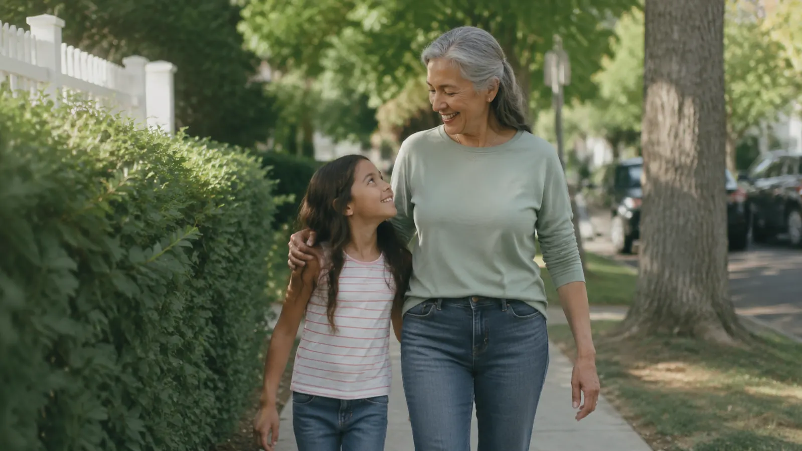 Grandmother and young grandchild walking together on a neighborhood sidewalk in the late afternoon, relaxed and unhurried
