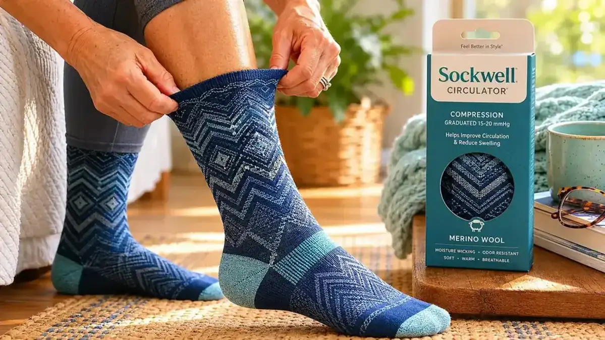 Close-up of Sockwell Circulator compression socks being pulled on over a foot and ankle, showing the graduated compression band and merino wool fabric texture