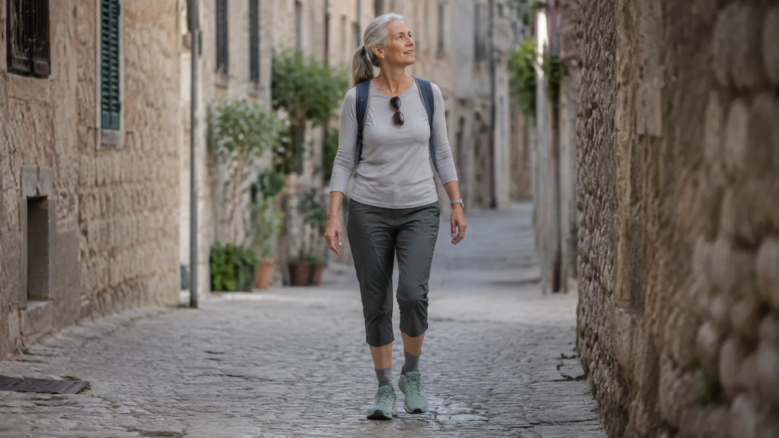 Woman in her sixties walking through a cobblestone European street in comfortable shoes, compression socks visible under cropped pants, looking relaxed and energetic