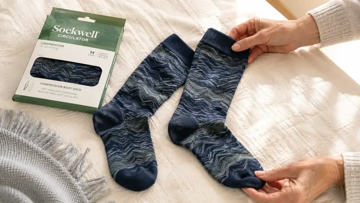 Pair of Sockwell compression socks laid flat after washing, showing maintained elasticity and pattern clarity after many wash cycles