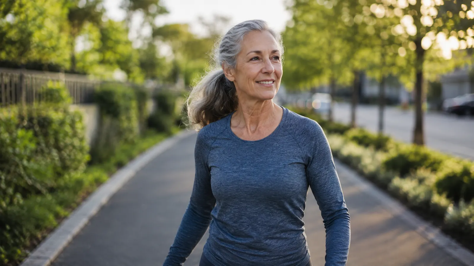 Active woman in her 60s walking on a neighborhood trail in the early morning, wearing comfortable athletic clothes, looking alert and energetic
