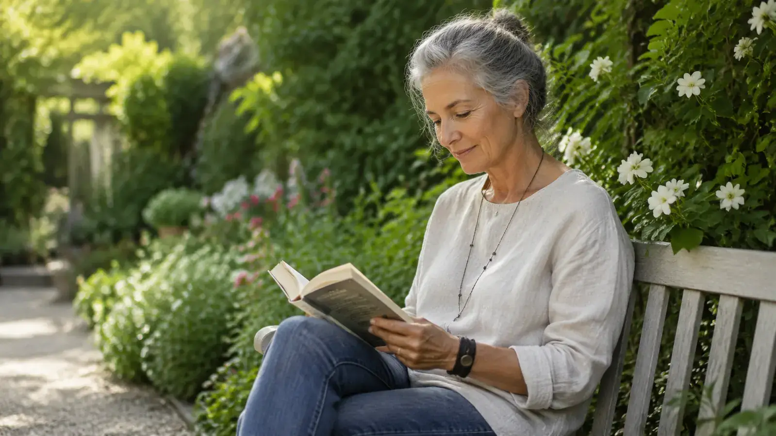 Woman in her 60s sitting in a garden reading a book, expression focused and at ease, surrounded by greenery and flowers