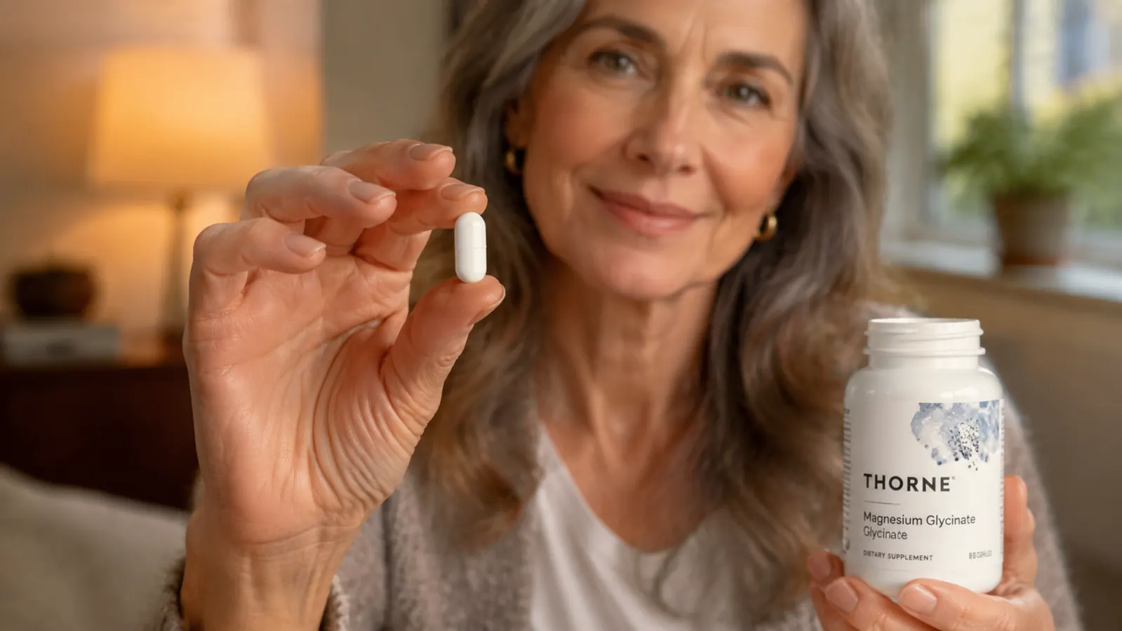 Hand holding a single white Thorne Magnesium Glycinate capsule close to camera, blurred bedside lamp in background