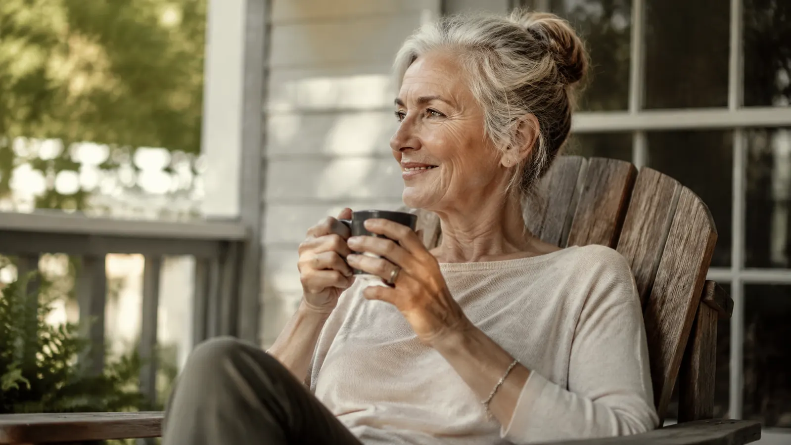 Woman in her early sixties sitting on a porch in the morning sun, coffee in hand, looking relaxed and well rested